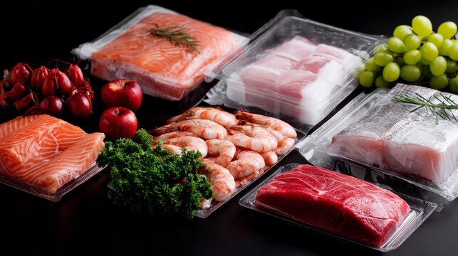 Assorted fresh fish and seafood packed in plastic containers grocery background