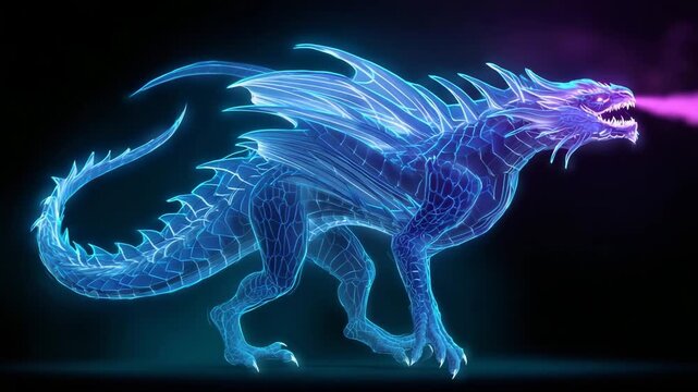 Fantasy dragon with glowing blue and purple features in motion