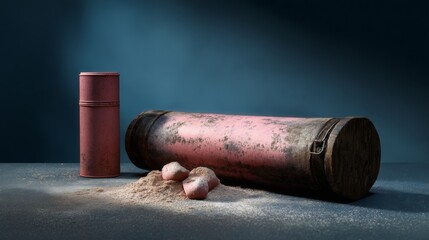 Obraz premium Rustic metal cylinder with powder on dark surface industrial vintage photography background