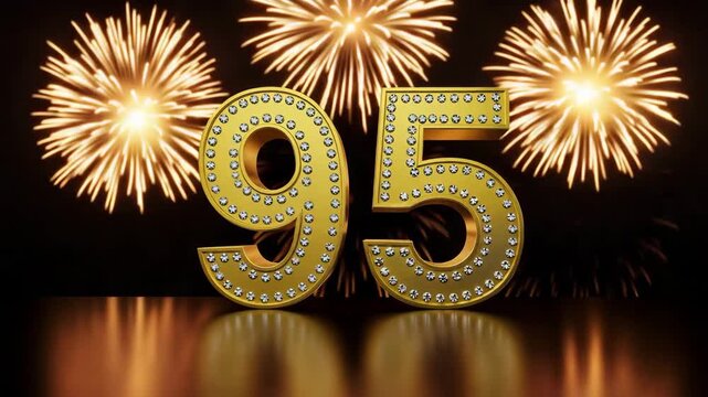 Shiny golden 95 anniversary number with sparkling fireworks in background, festive celebration design for jubilee and birthday	