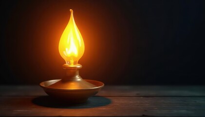 Gleaming metallic lamp, vibrant yellow flame, dark Overhead shot , still life, yellow, texture