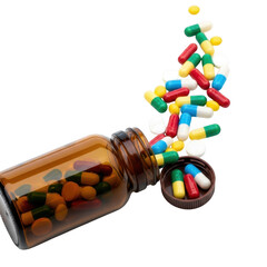 Bottle of colorful pills spilling out capturing motion and vitality transparent background