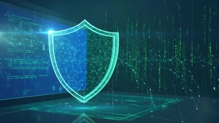 Animated security shield on a digital grid with binary code backdrop, cyber safety concept motion - Powered by Adobe