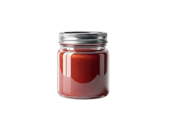 A glass jar filled with a vibrant red sauce is highlighted against a dark background.