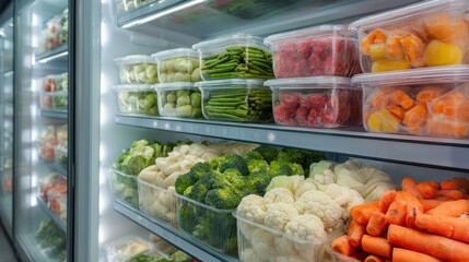 Elegant photo of frozen food in the refrigerator. Vegetables on the freezer shelves. Stocks of meal for the winter.