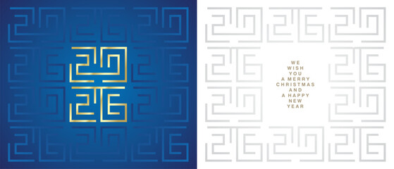 Happy New Year 2026. Golden white silver grey cyberspace high tech year 2026 typography. Greek mystic ornament abstract pattern on blue white background