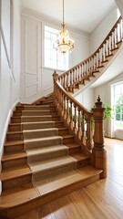 Obraz premium Grand wooden staircase in a light-filled hall