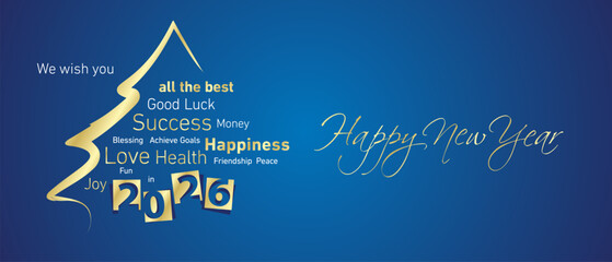 Happy New Year 2026 eve golden negative space numbers with abstract christmas tree word cloud blue background vector greeting card. 2026 gift under the christmas tree