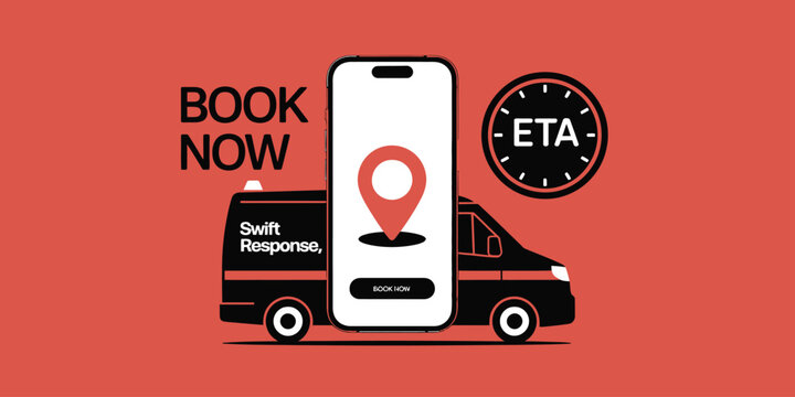 Book now promotion featuring a delivery van a phone with a location pin and an eta clock icon