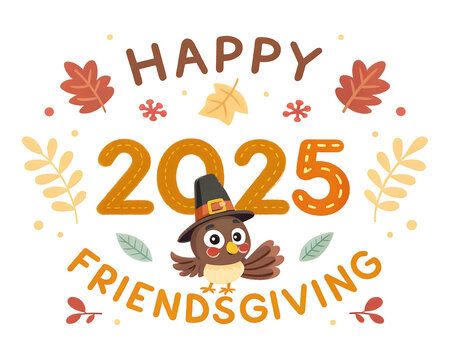 Cute cartoon owl wearing a pilgrim hat celebrates happy friendsgiving 2025 with autumn leaves