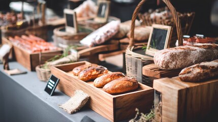 Variety of artisanal sausages on wooden market stand with price labels and rustic baskets