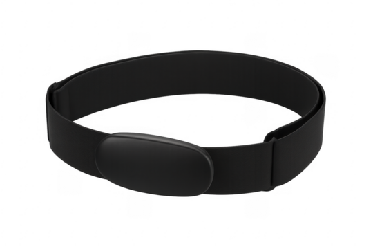 Black heart rate monitor chest strap on transparent background