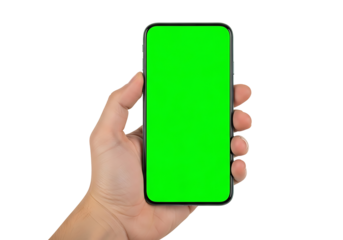 A hand holds a smartphone with a vibrant green screen against a dark background.