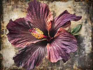 Dark Purple Hibiscus Flower on Grunge Background Botanical Art Print