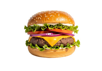 A delicious cheeseburger, composed of a juicy patty, melted cheese, fresh toppings, and a toasted bun, presented on a black background.