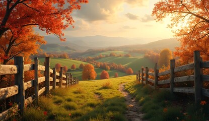 Obraz premium Autumnal landscape with golden light a scenic view through colorful trees