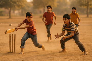 Naklejka premium Children Playing Cricket on Dusty Ground at Sunset