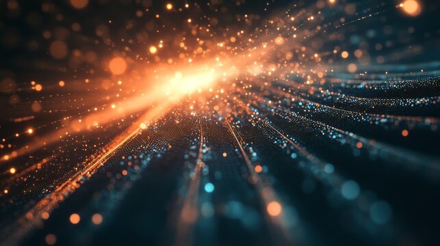Abstract technology background featuring plexus lines, light beams, and dots in 3d rendering