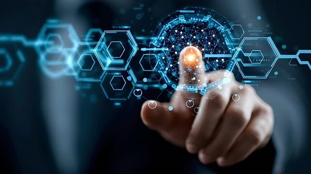 Businessman exploring digital sphere with futuristic interface - Powered by Adobe