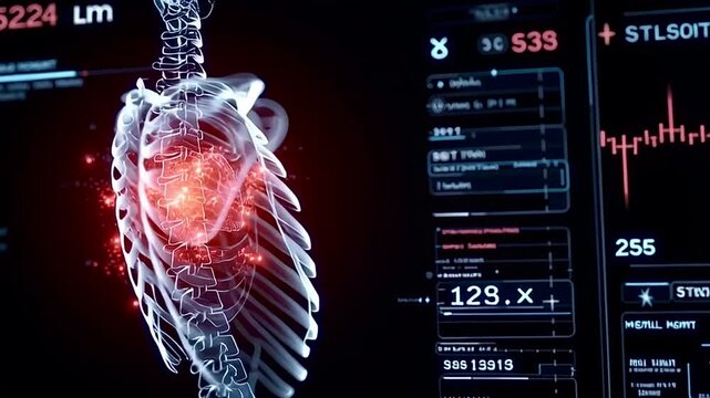 Human chest with lungs scanned on futuristic medical interface - Powered by Adobe