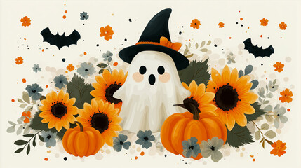 かぼちゃと花に囲まれたポップなハロウィン背景