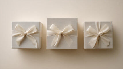 白一色の布地包装で揃えた三つのギフトボックス
