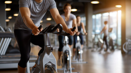 Fitness enthusiasts cycling in well-lit gym environment, active lifestyle