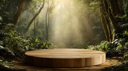 Elegant photo of jungle forest background with a wooden display podium, bathed in sunshine, ideal for organic cosmetics and food presentations.