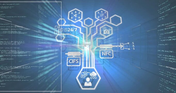 Streams flowing inward pulsing hexagon mapping CIFS NFC SAS connections lines retracting to center