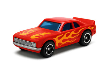 Fototapeta premium Red toy car with flames on transparent background