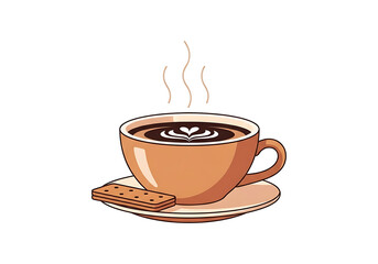 A warm cup of coffee, steaming hot, accompanied by a biscuit, sits on a saucer against a black background.