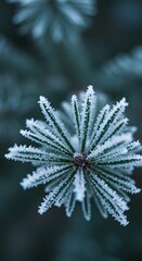 Closeup of pine needles covered in frost, showcasing winters delicate beauty