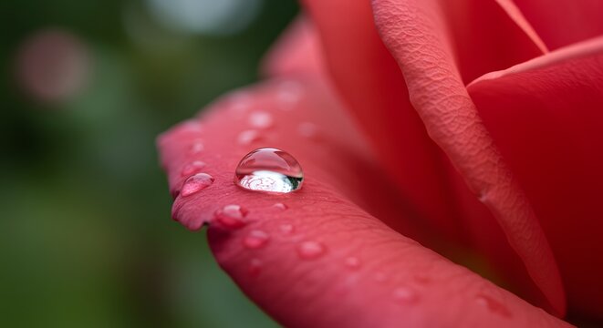 A clear water drop sits on a vivid red rose petal after rain