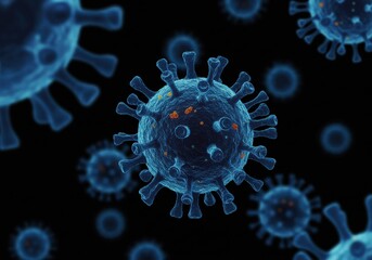 Obraz premium Microscopic view of multiple blue virus cells with spikes on a dark plain and simple surface