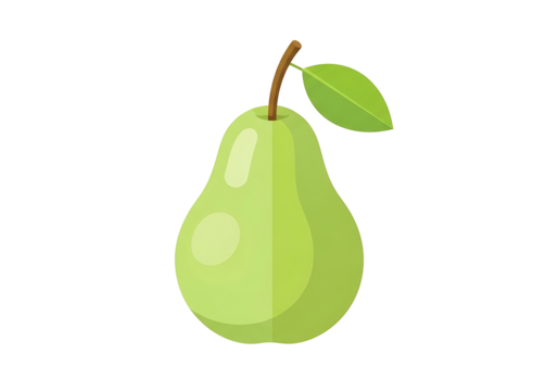 A vibrant lime green pear with a stem and leaf is presented against a stark black backdrop.