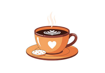 A warm, inviting illustration of a coffee cup filled with latte art and a biscuit, set against a striking black backdrop.