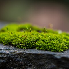 Fototapeta premium Closeup of lush green moss growing on a textured rock surface in nature