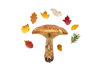 A captivating mushroom surrounded by vibrant autumn leaves, showcasing a beautiful natural composition against a striking black backdrop.