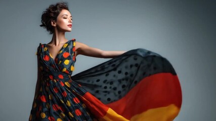 European brunette woman dancing with fluttering German flag in red, black and yellow. Waving silk scarf, chiffon fluttering. German Unity Day.