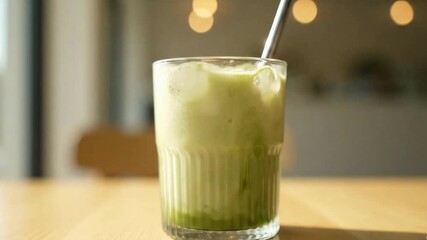 Iced matcha latte with milk and ice in a glass on wooden table  