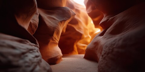 Sunlight illuminating sandstone walls in narrow desert canyon