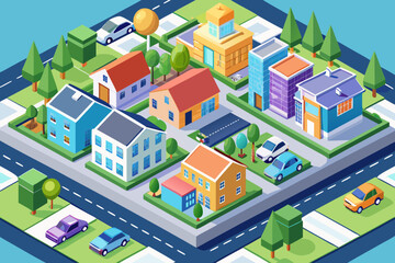 Fototapeta premium Vector illustration of an isometric residential town with city street buildings and urban architecture