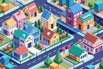 An urban residential set of colorful city houses and street architecture icons in a vector illustration