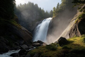 Fototapeta premium Majestic waterfall cascading amidst lush forest and misty rocks