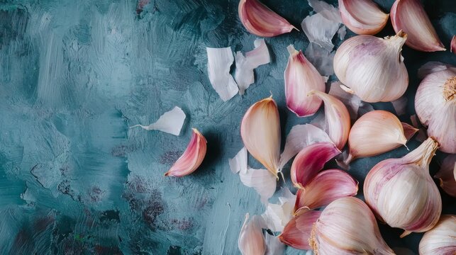 Scattered garlic cloves on textured teal surface with soft daylight and rustic culinary background