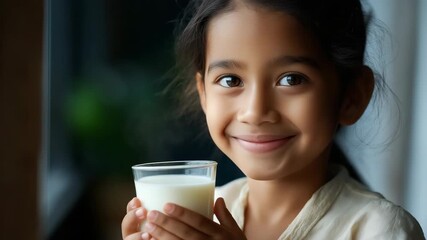 Young asian girl enjoying a glass of fresh milk by the window