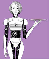 In front stands a beautiful blonde biorobot girl, pulled up to her waist, with a round tray in her hand. Vector realistic illustration in black and white line engraved drawing style