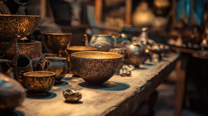 Rustic antique tableware and copper kitchen tools on wooden counter with vintage cozy atmosphere