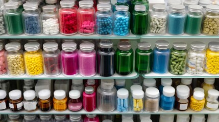 Art supplies arranged in colorful containers on shelf in vibrant crafting and hobby studio