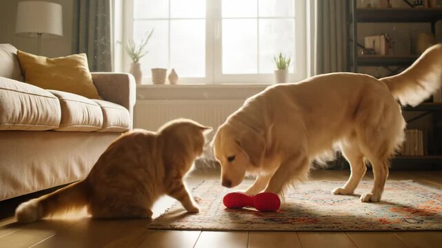 Golden Retriever and Ginger Cat Playing Together - A playful Golden Retriever and a ginger cat interact on a rug in a sunlit living room.
